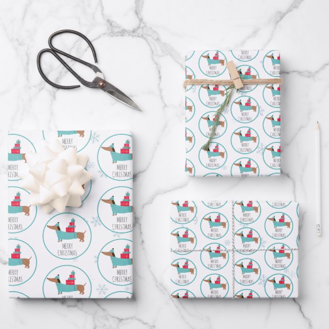 Cute Dachshund Merry Christmas Wrapping Paper Sheets (Front)