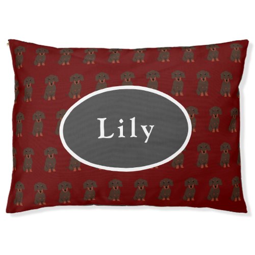 Cute Dachshund Pattern on Cranberry Personalized Pet Bed