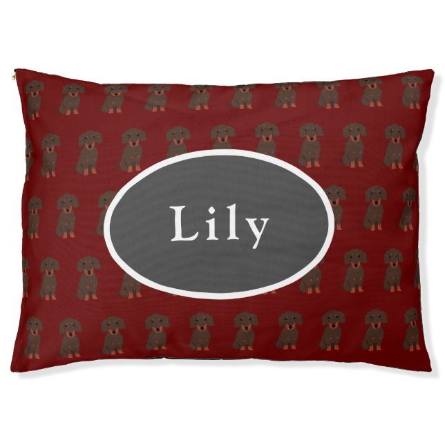 Cute Dachshund Pattern on Cranberry Personalized Pet Bed (Front)