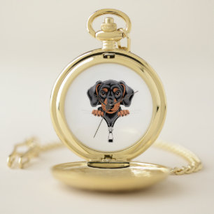 Cute Dachshund Peeking Out of Zipper Illustration Pocket Watch