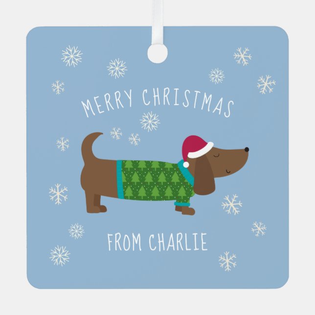 Cute Dachshund Photo Christmas Metal Ornament (Front)