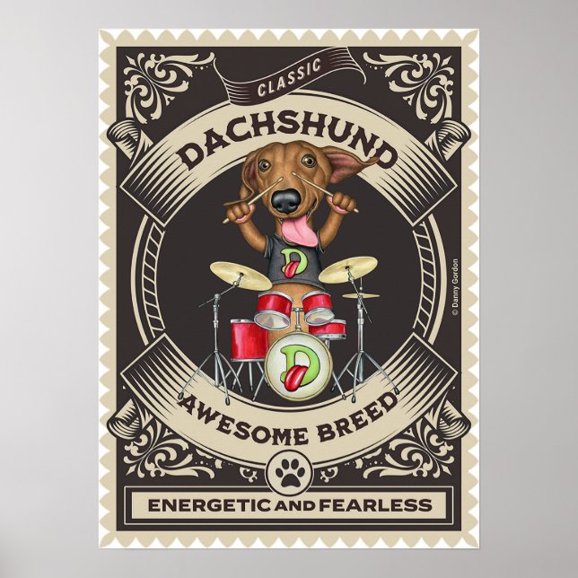 Cute Dachshund Playing Drums Poster (Front)