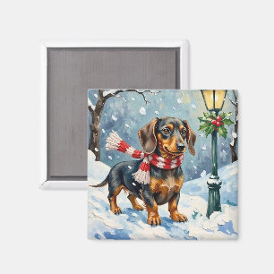 Cute Dachshund Puppy Cozy Winter Scarf Art Magnet