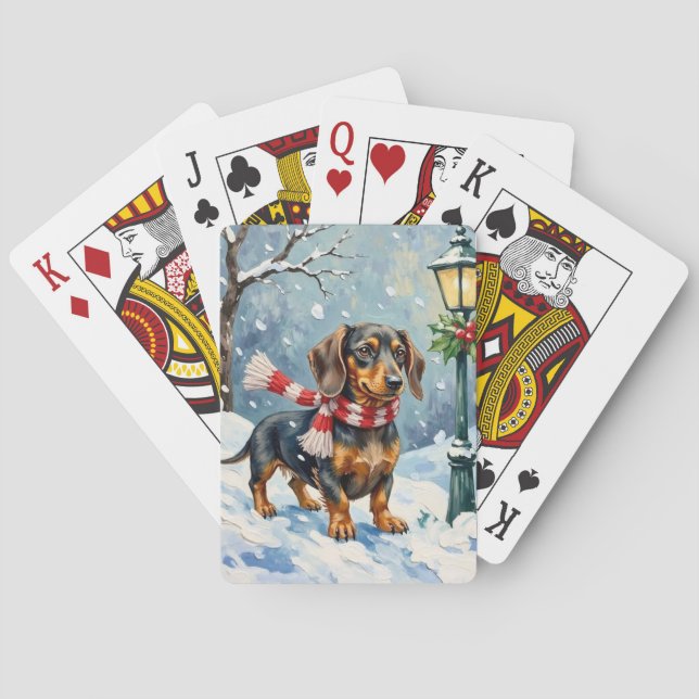 Cute Dachshund Puppy Cozy Winter Scarf Art Poker Cards (Back)