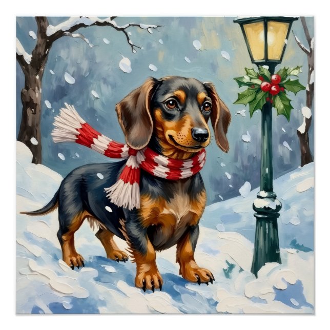 Cute Dachshund Puppy Cozy Winter Scarf Art Poster (Front)