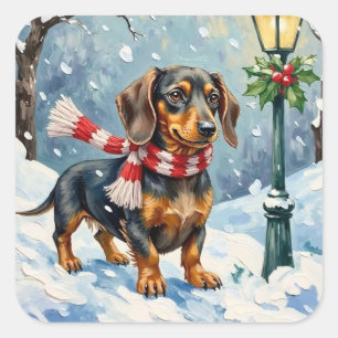 Cute Dachshund Puppy Cozy Winter Scarf Art Square Sticker