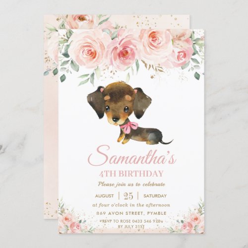 Cute Dachshund Puppy Dog Pink Floral Girl Birthday Invitation