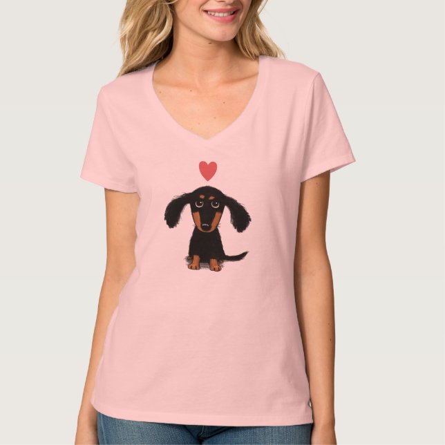 Cute Dachshund Puppy Dog with Pink Heart T-Shirt (Front)