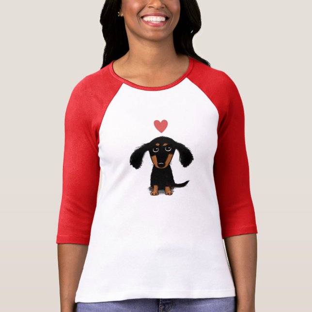 Cute Dachshund Puppy Dog with Valentine Heart T-Shirt (Front)
