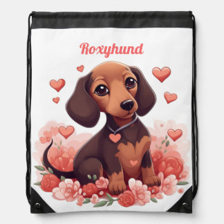 Cute Dachshund Puppy Drawing with Hearts Kawaii Drawstring Bag