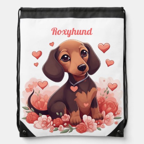 Cute Dachshund Puppy Drawing with Hearts Kawaii Drawstring Bag