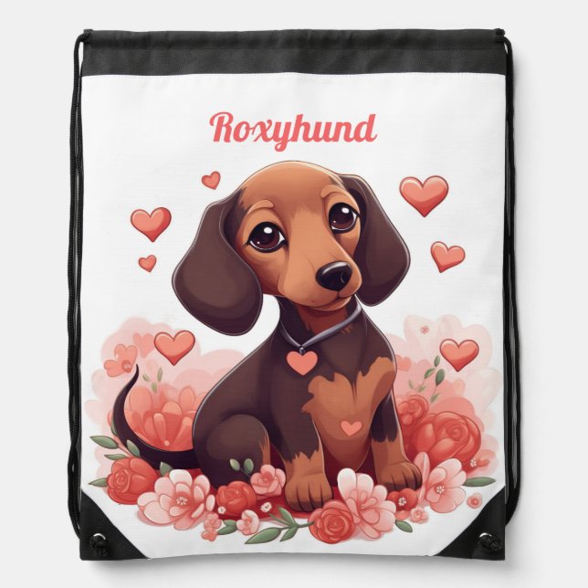 Cute Dachshund Puppy Drawing with Hearts Kawaii Drawstring Bag (Front)