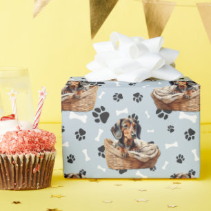 Cute Dachshund Puppy in Basket Paw Print Wrapping Paper
