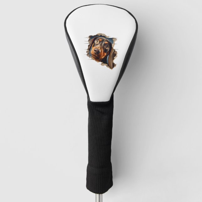 Cute dachshund puppy peeking in   golf head cover (Front)