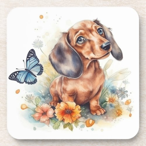 Cute Dachshund Puppy Watercolor Beverage Coaster