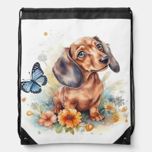 Cute Dachshund Puppy Watercolor Drawstring Bag