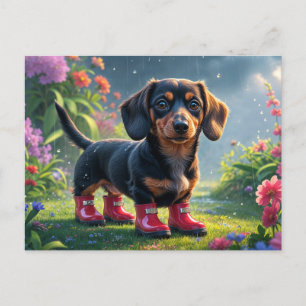 Cute Dachshund Puppy Wearing Rain Boots Postcard