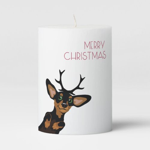 Cute dachshund puppy with antlers Merry Christmas Pillar Candle