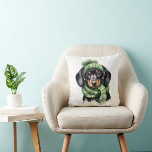 Cute Dachshund Puppy with Hat and Scarf: Throw Pillow