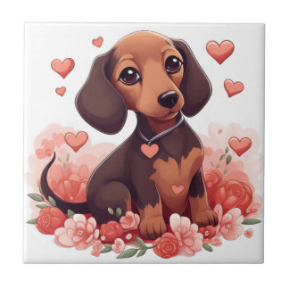 Cute Dachshund Puppy with Hearts Ceramic Tile