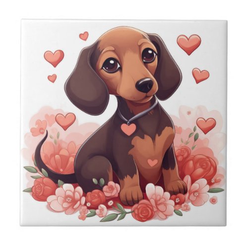 Cute Dachshund Puppy with Hearts Ceramic Tile