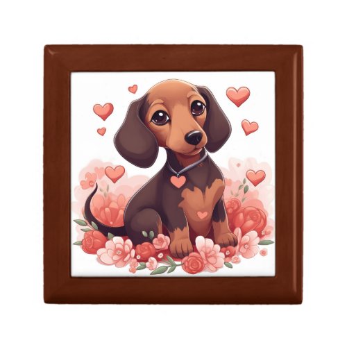 Cute Dachshund Puppy with Hearts Gift Box