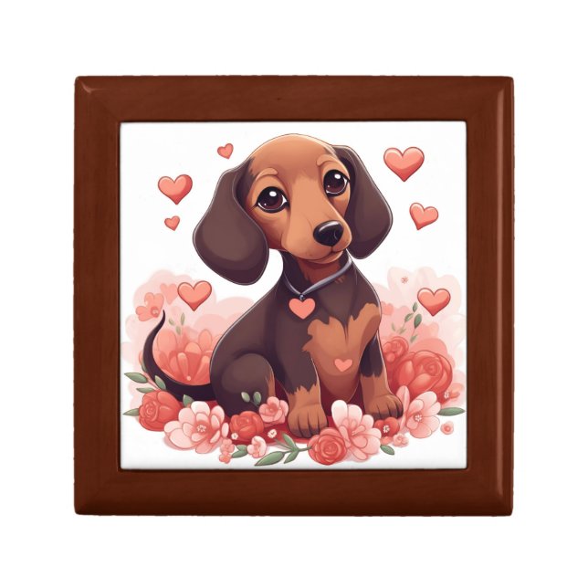 Cute Dachshund Puppy with Hearts Gift Box (Front)