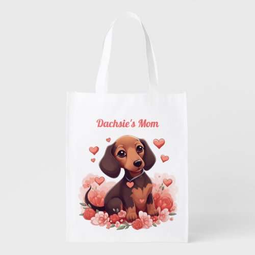 Cute Dachshund Puppy with Hearts Grocery Bag