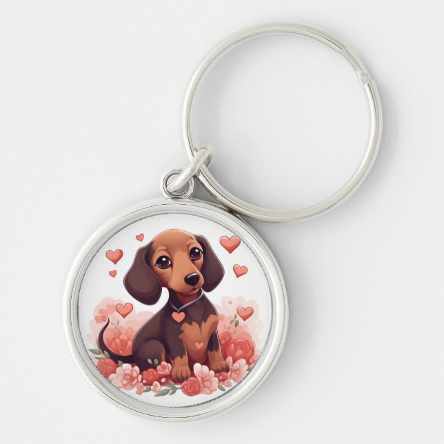 Cute Dachshund Puppy with Hearts Keychain (Front)