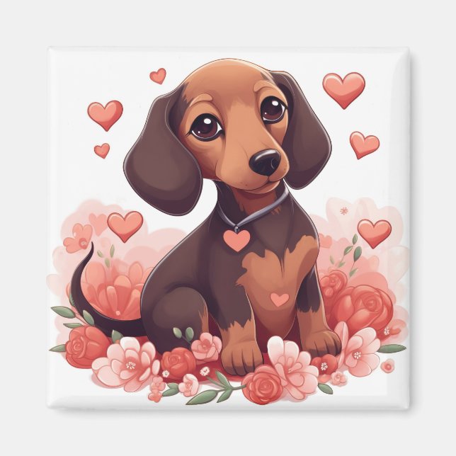 Cute Dachshund Puppy with Hearts Magnet (Front)