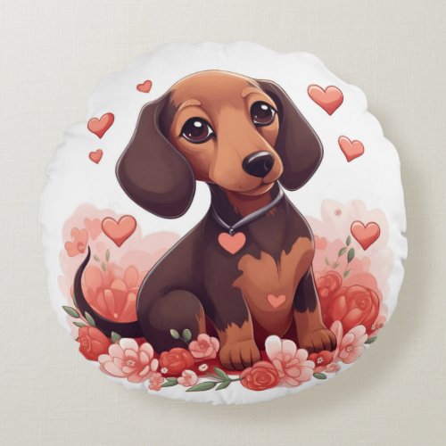 Cute Dachshund Puppy with Hearts Round Pillow