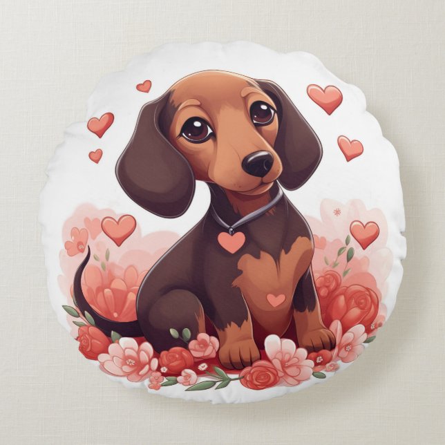 Cute Dachshund Puppy with Hearts Round Pillow (Front)