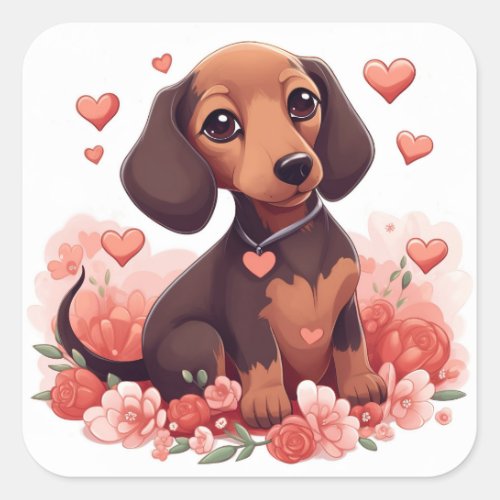 Cute Dachshund Puppy with Hearts Square Sticker