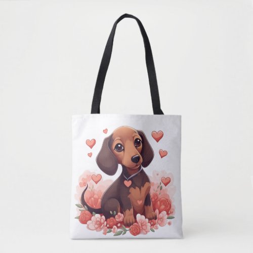 Cute Dachshund Puppy with Hearts Tote Bag