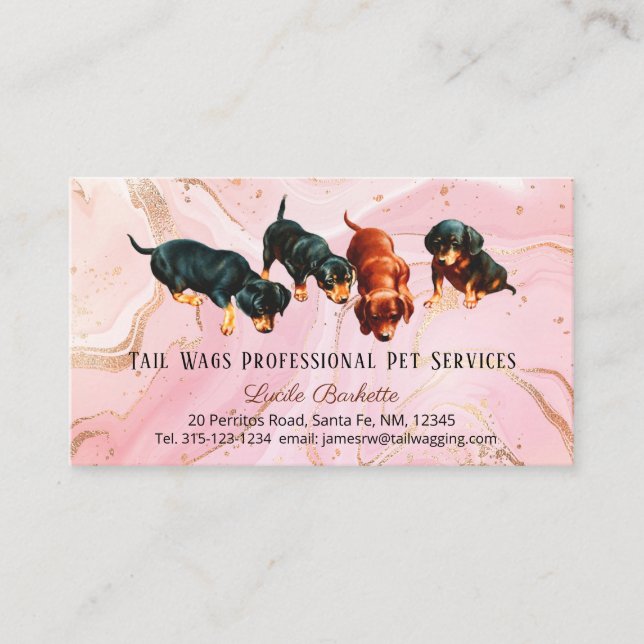 Cute Dachshund Pups Pet Services Pink Gold Agate Business Card (Front)