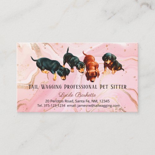 Cute Dachshund Pups Pet Sitter Pink Gold Agate Business Card
