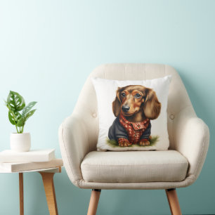 Cute Dachshund Red Long-haired in Sweater: Throw Pillow