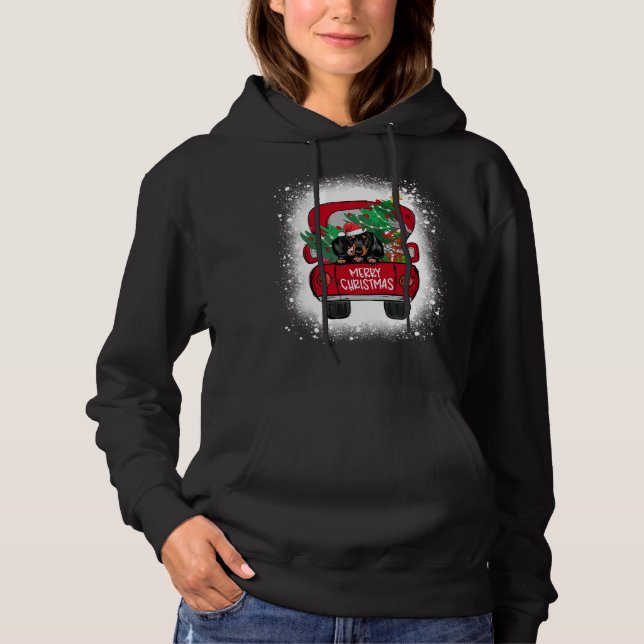 Cute Dachshund Red Truck Merry Christmas Bleached Hoodie (Front)