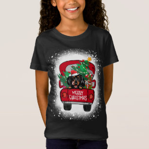 Cute Dachshund Red Truck Merry Christmas Bleached T-Shirt