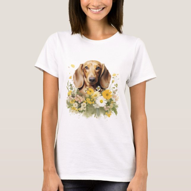 Cute Dachshund Relaxing on a Blanket of Daisies  T-Shirt (Front)