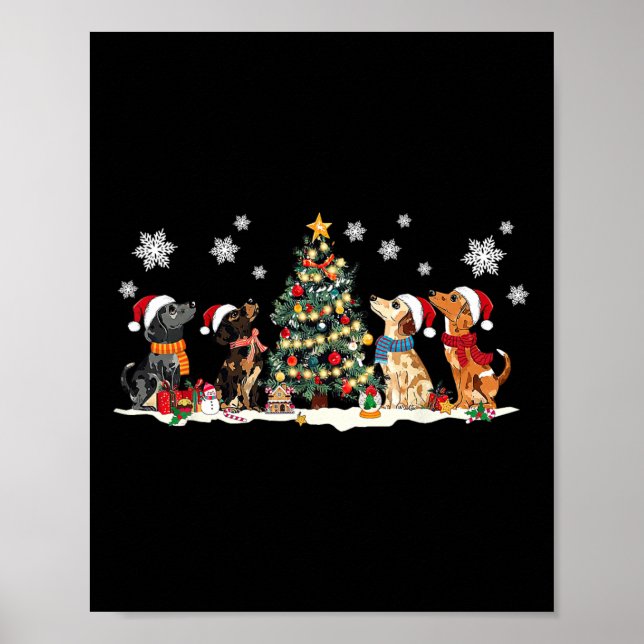 Cute Dachshund Santa Hat Christmas Tree Lights Dog Poster (Front)