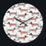 Cute Dachshund Sausage Dog Pattern Large Clock<br><div class="desc">Cute little Dachshund sausage or wiener dogs in woolly knitwear. Perfect for dog lovers and dog walkers.</div>