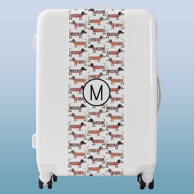 Cute Dachshund Sausage Dog Pattern Monogram Luggage (Fun Dachshund Wiener Sausage dog personalized monogram luggage suitcase)