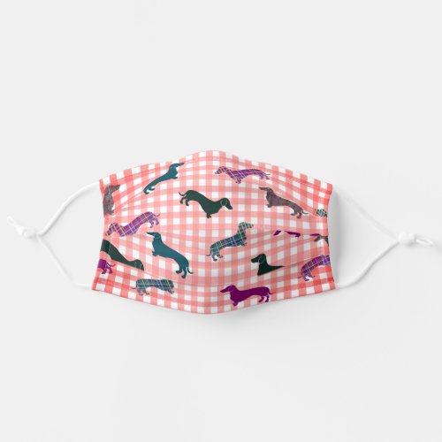 Cute Dachshund Sausage Dog Pattern Pink Gingham Adult Cloth Face Mask