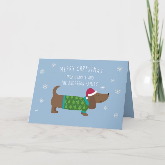 Cute Dachshund Snowflake Cartoon Christmas Card (Front)