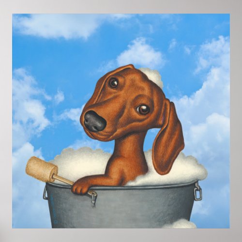Cute Dachshund Taking Bubble Bath Outside Poster