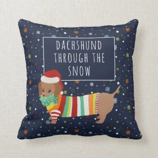 Cute Dachshund Through the Snow Christmas Dog Throw Pillow