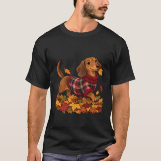 Cute Dachshund Wearing Plaid Fall Sweater In Leave