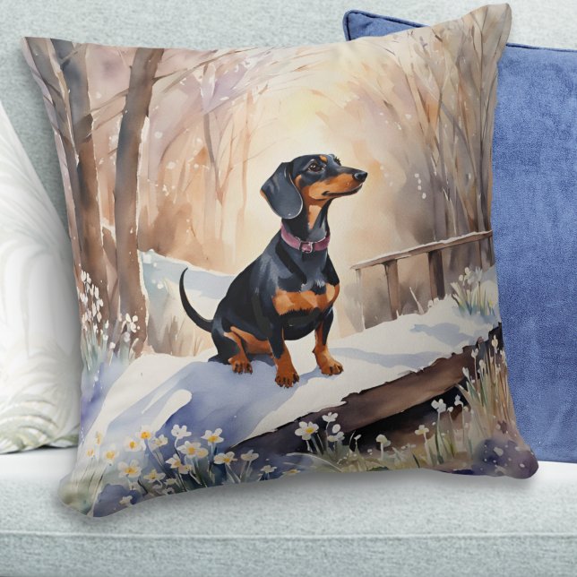 Cute Dachshund Winter Snow Watercolor Dog Breed Throw Pillow (A throw pillow with beautiful picture of a dachshund in snow, in a watercolor style)