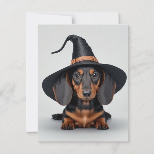 Cute Dachshund Witch Holiday Card (Front)
